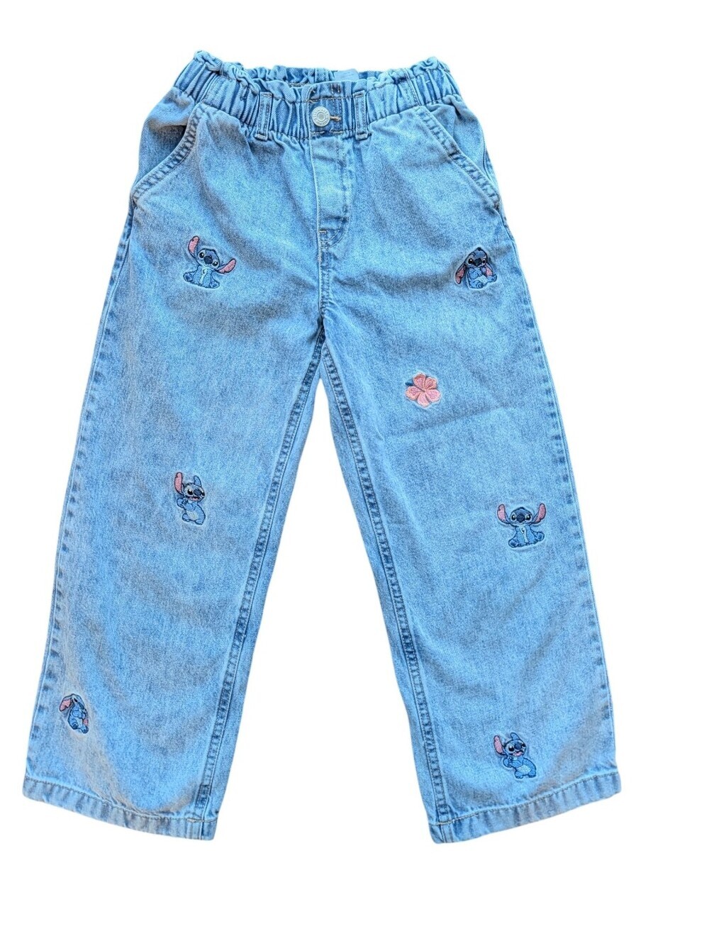 H&M Girls  Blue Embroidered Denim Pants - Stitch Motif Cotton Size 7